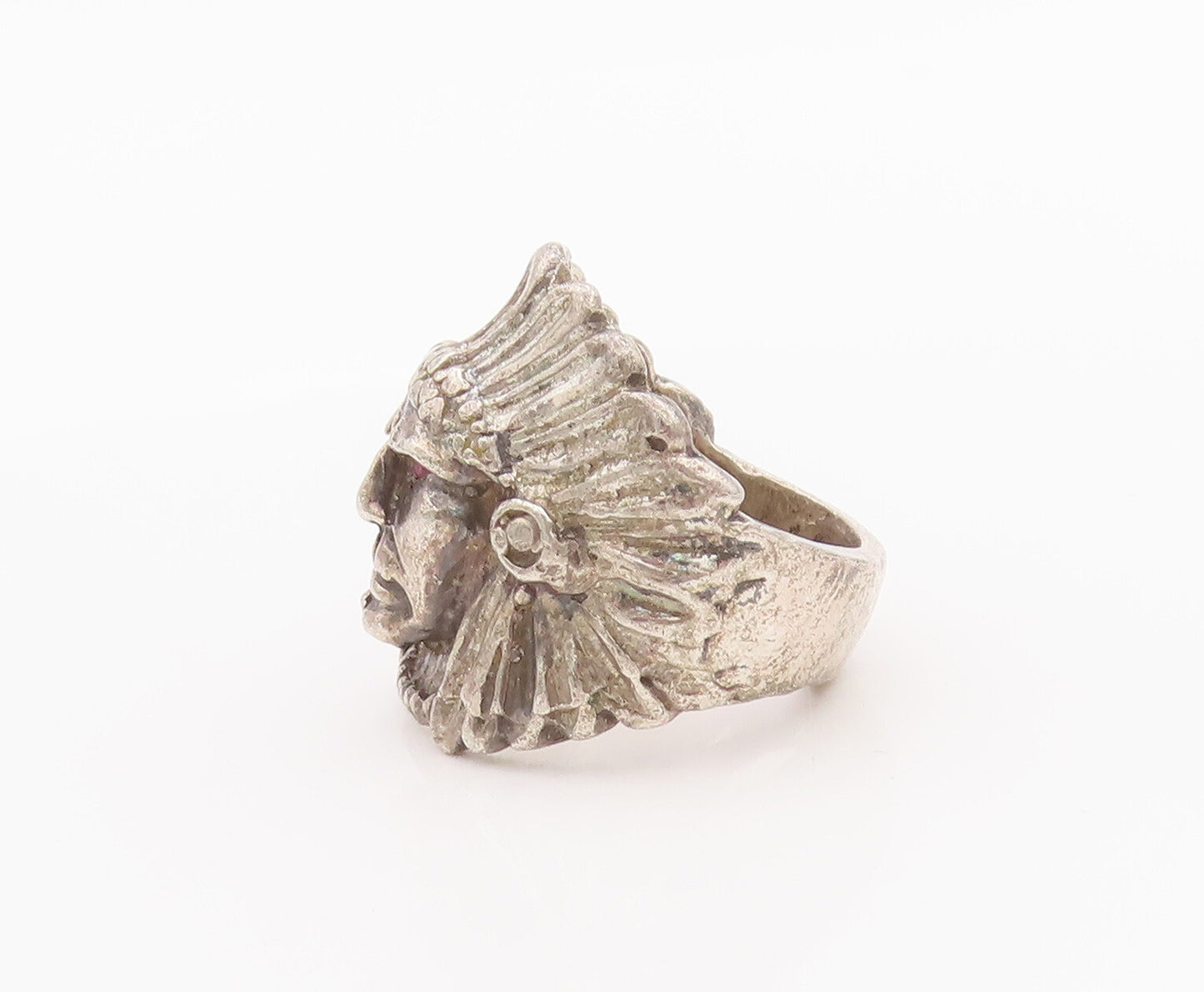 925 Sterling Silver Vintage Ring Ruby Eye Carved Tribal Man Face Sz 8  RG27715