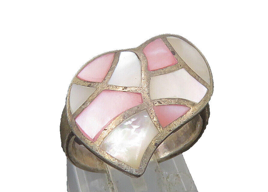 925 Sterling Silver  Vintage Mother Of Pearl Heart Cocktail Ring Sz 6  RG22541