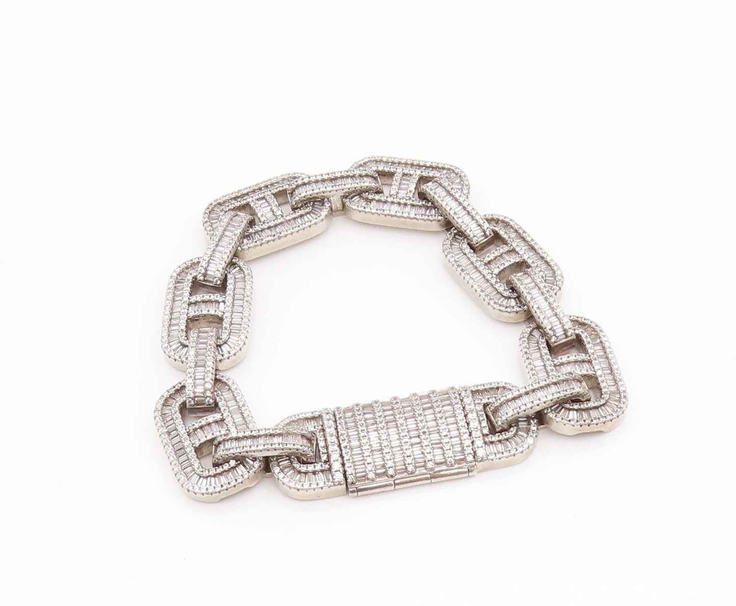 925 Sterling Silver Vintage Bracelet Topaz Baguette Mariner Link Chain  BT11305