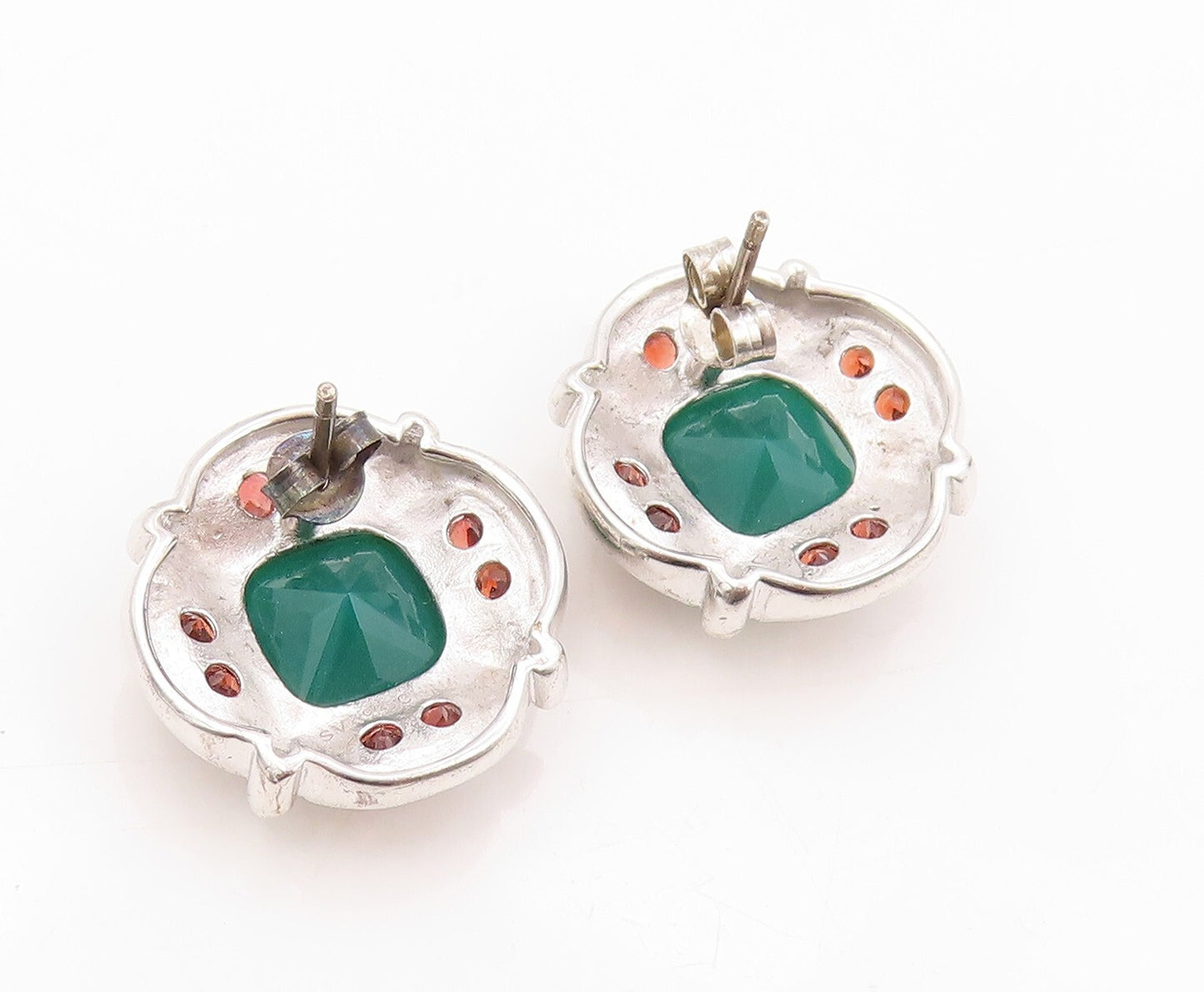 925 Sterling Silver Vintage Earrings Square Green Onyx & Garnet Flower  EG13388