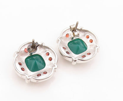 925 Sterling Silver Vintage Earrings Square Green Onyx & Garnet Flower  EG13388