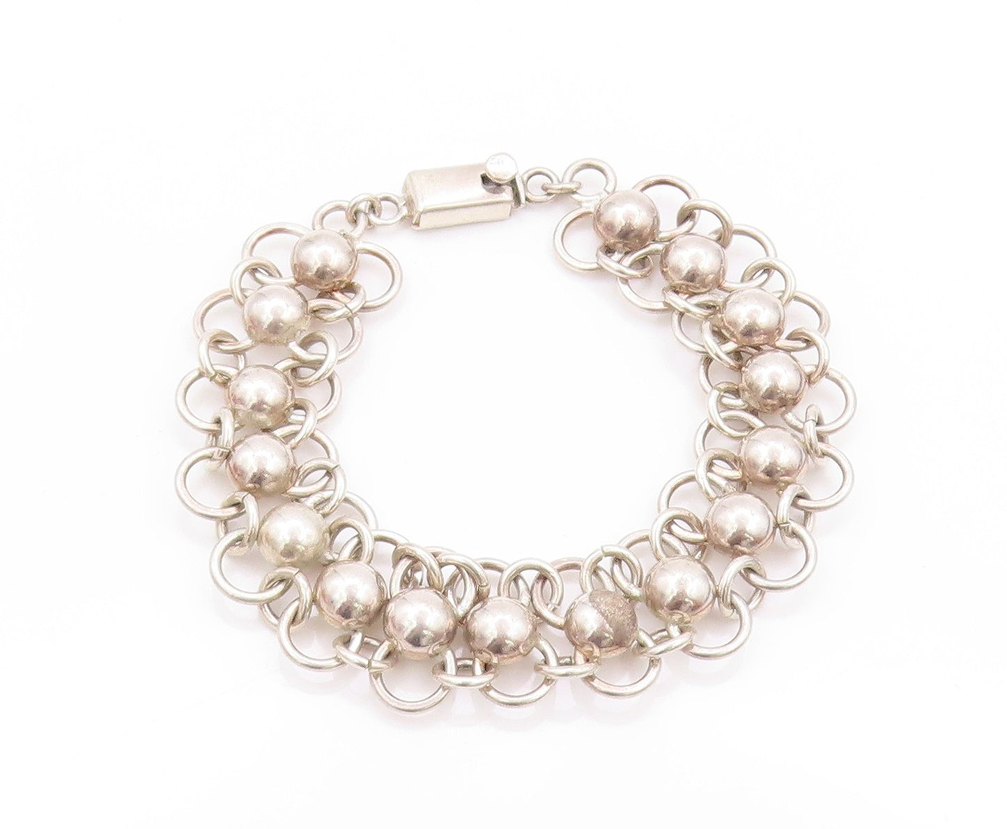 925 Sterling Silver Vintage Bracelet MEXICO Beaded Rings Interlocked  BT11239