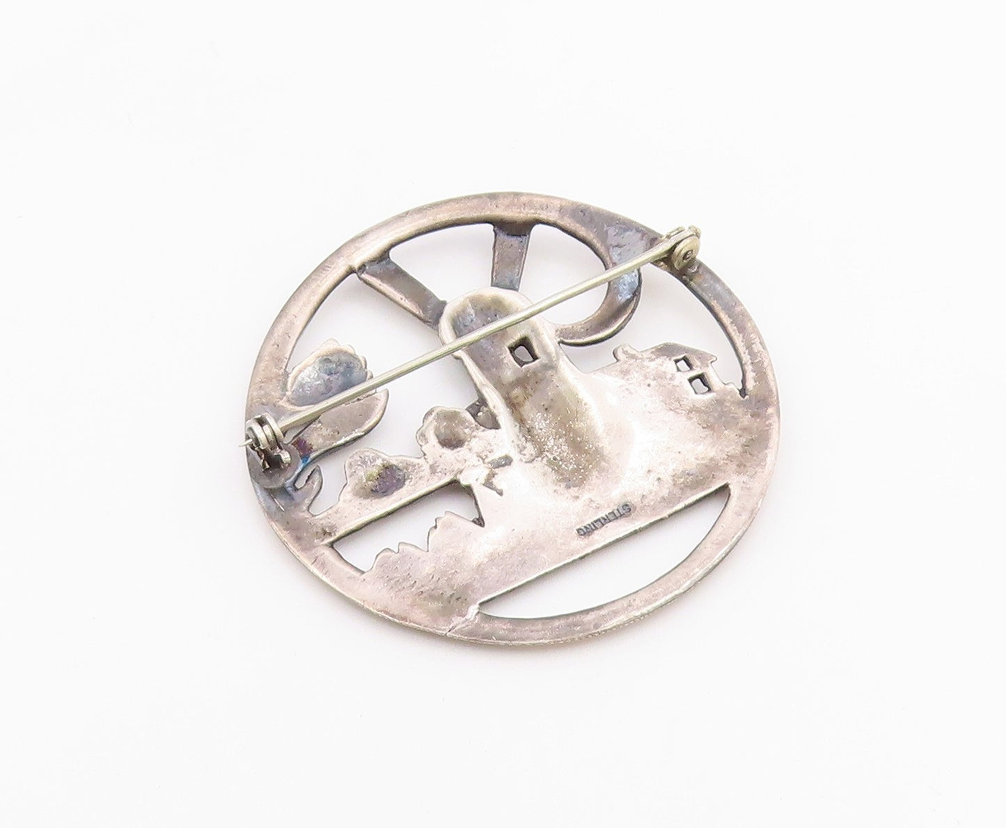 925 Sterling Silver  Vintage Windmill Floral Scene Round Brooch Pin  BP3640