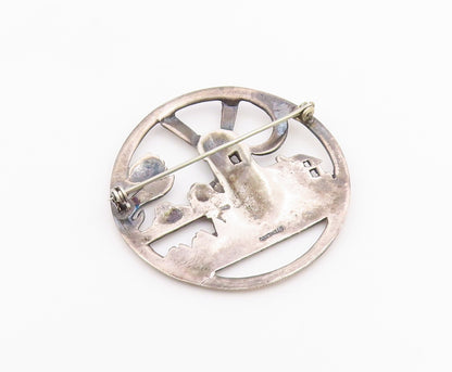 925 Sterling Silver  Vintage Windmill Floral Scene Round Brooch Pin  BP3640