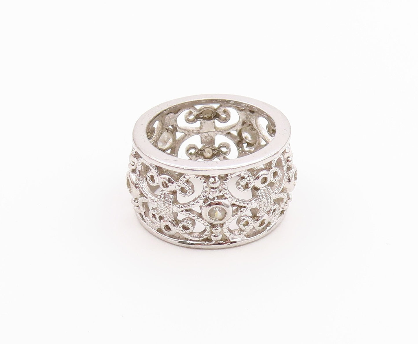 925 Sterling Silver Vintage Ring CZ Open Scrollwork Wide Band  Sz 7  RG36551