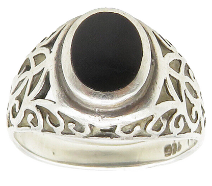 925 Sterling Silver  Vintage Inlaid Black Onyx Swirl Band Ring Sz 6  RG15742