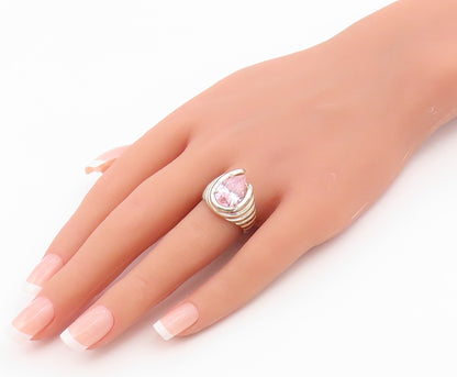 925 Sterling Silver Vintage Ring Pink Topaz Ribbed Statement Band Sz 7.5 RG36568