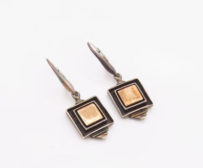 14k Gold & 925 Sterling Silver Vintage Earrings Hammered Square Drop  EG14402