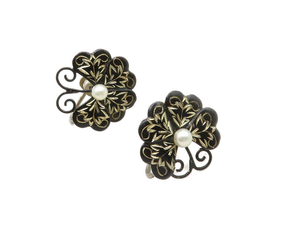 AMITA JAPAN 925 Silver  Vintage Petite Pearl Floral Non Pierce Earrings EG6656