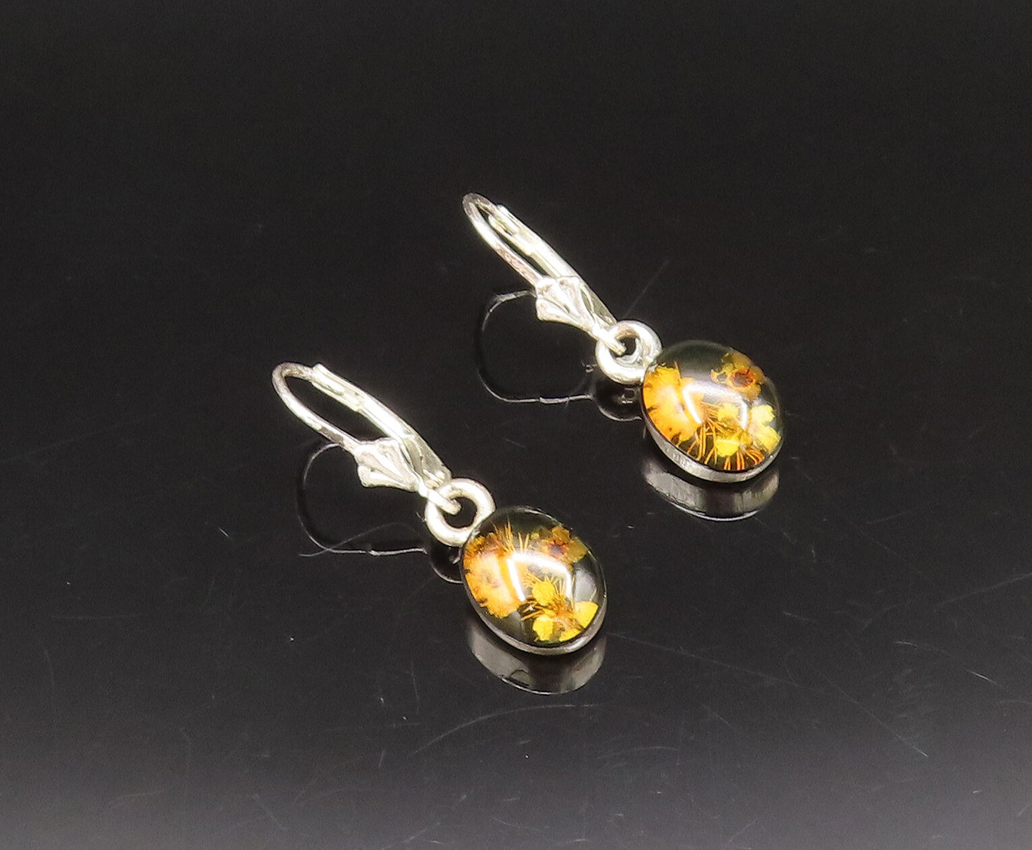 925 Sterling Silver  Vintage Fancy Floral Glass Art Dangle Earrings  EG12262