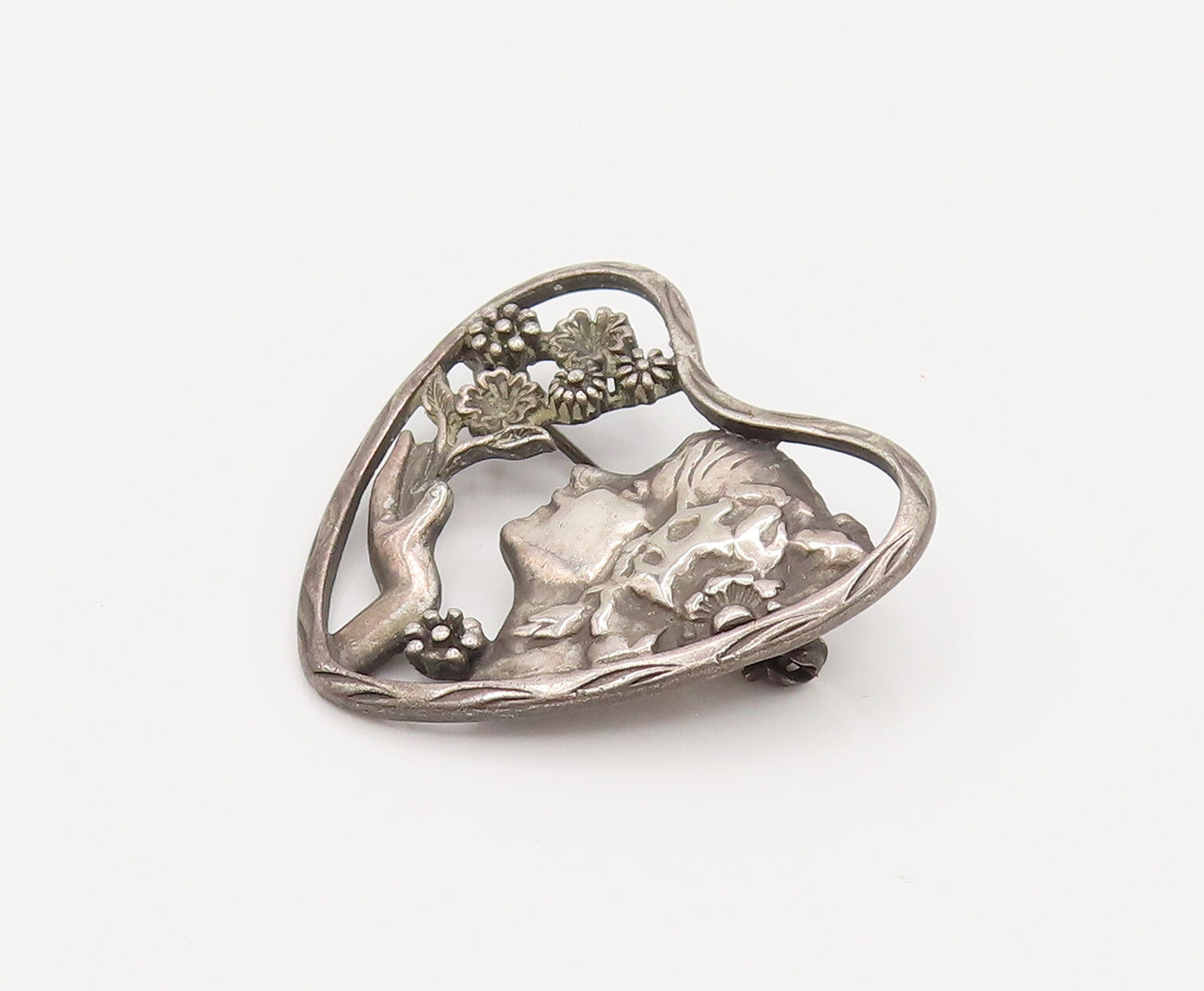 925 Silver  Vintage Antique Flower Lady Cutout Heart Brooch Pin  BP10149