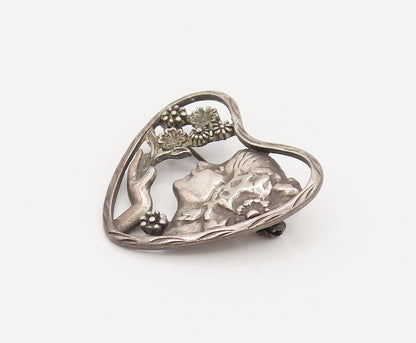 925 Silver  Vintage Antique Flower Lady Cutout Heart Brooch Pin  BP10149