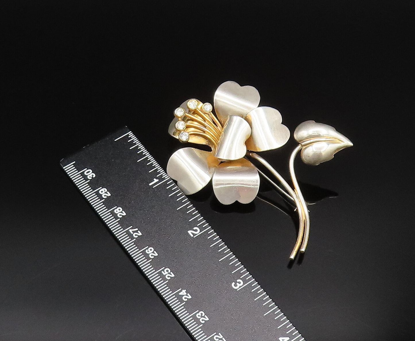 925 Silver  Vintage Two Tone Cubic Zirconia Stem Flower Brooch Pin  BP9914
