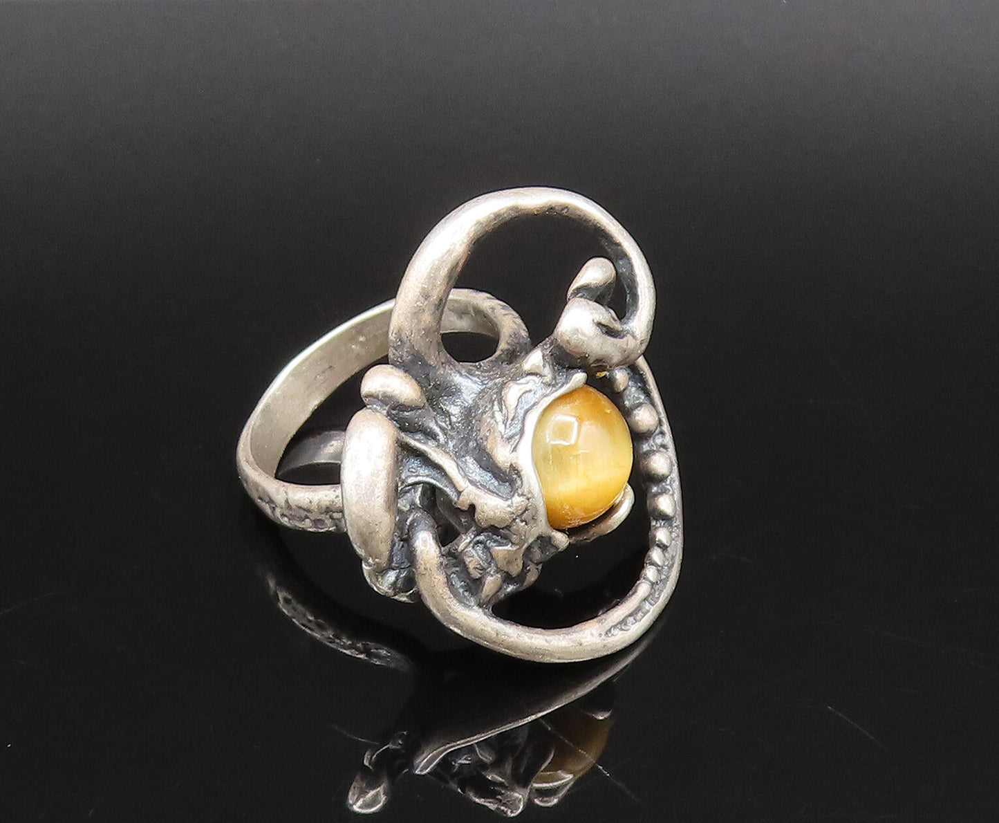 ISRAEL 925 Silver  Vintage Modernist Openwork Tiger's Eye Ring Sz 7.5  RG26019