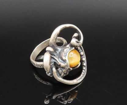 ISRAEL 925 Silver  Vintage Modernist Openwork Tiger's Eye Ring Sz 7.5  RG26019