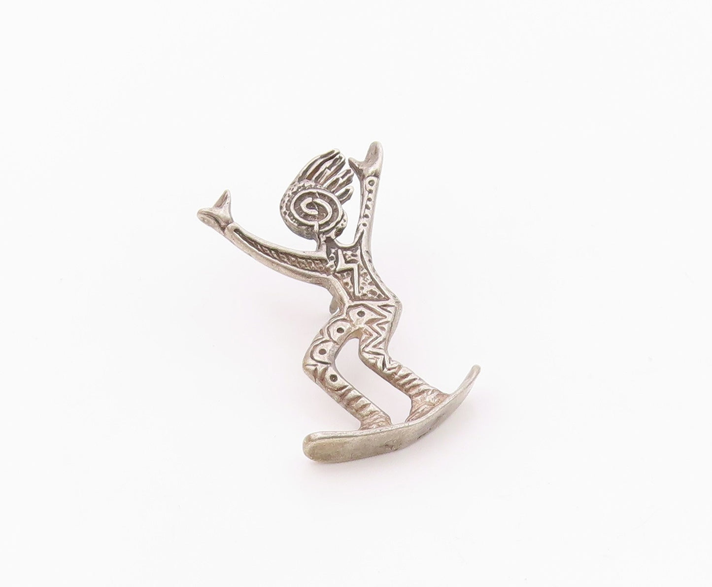 925 Sterling Silver Vintage Engraved Spiral Snowboarding Human Figure Pin TR3344