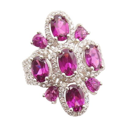 925 Sterling Silver Vintage Ring Oval Amethyst & CZ  Floral Band  Sz 6  RG33732