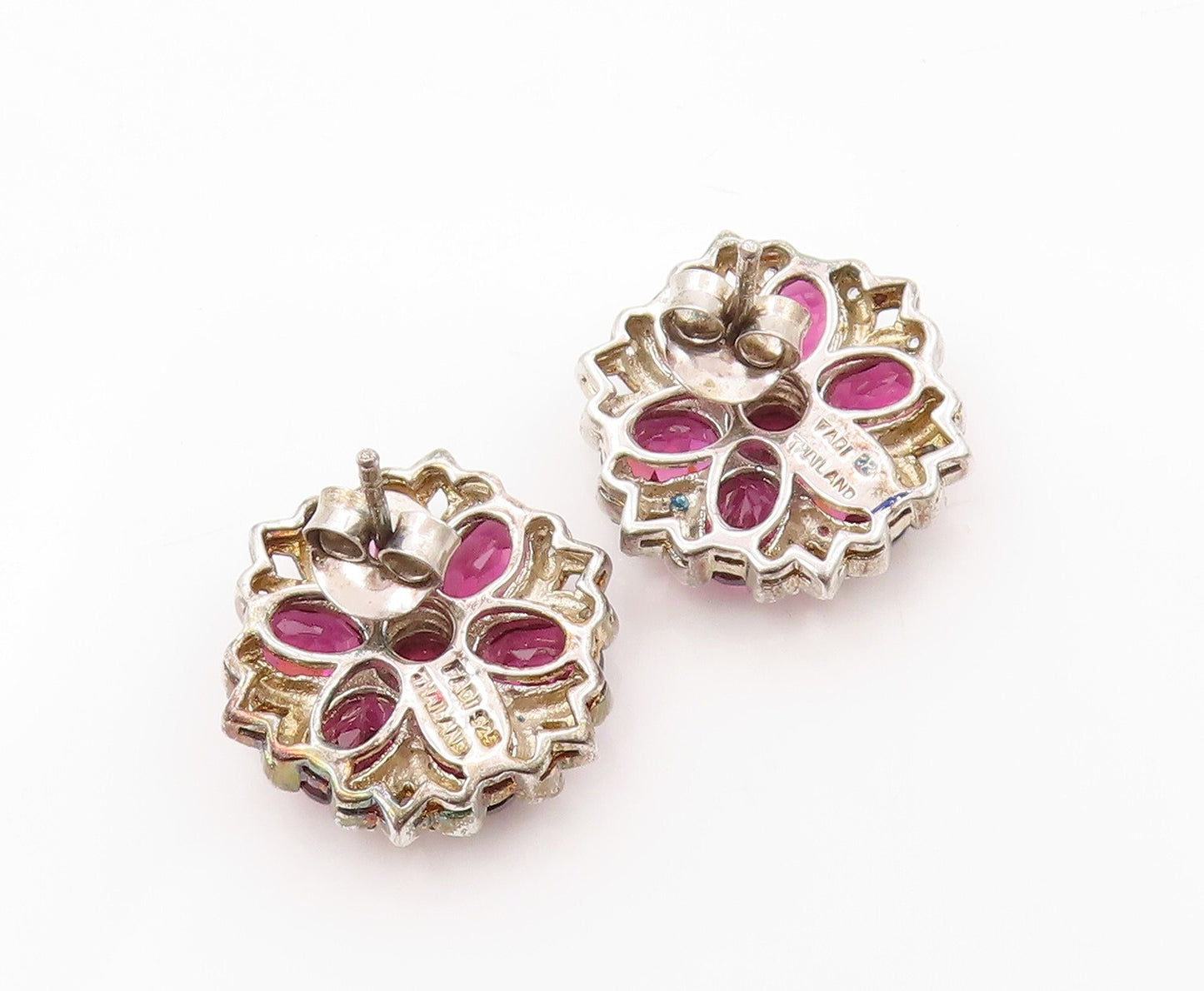 925 Sterling Silver Vintage Earrings Oval Cut Amethyst & CZ Flower EG13392