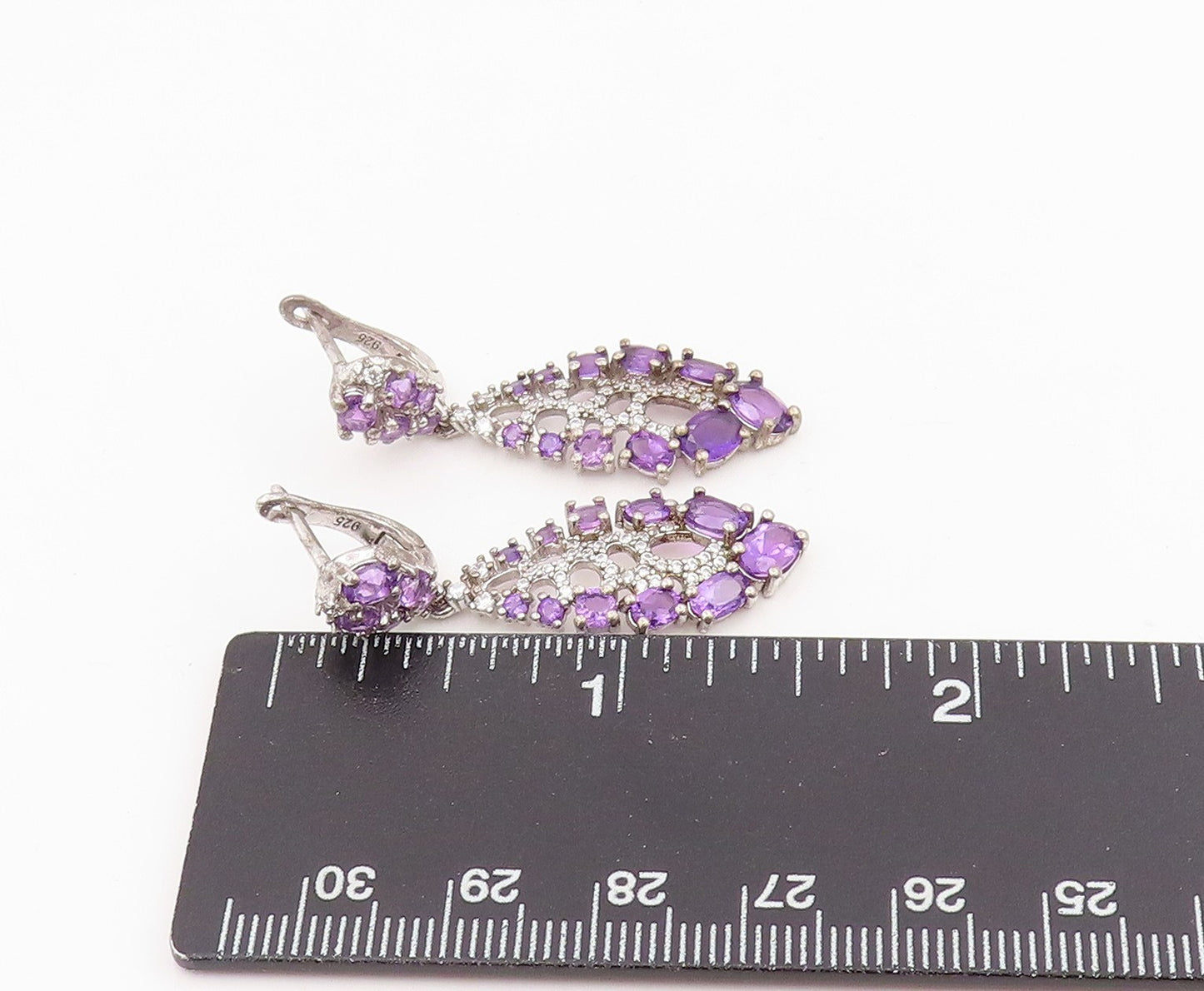 925 Sterling Silver Vintage Earrings Amethyst & CZ Marquise Cluster Drop EG13837