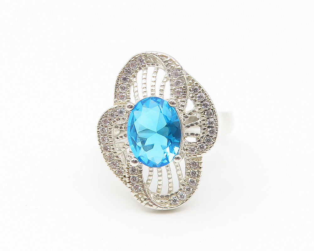 925 Sterling Silver  Blue Topaz Twist Flower Motif Cocktail Ring Sz 6  RG10966
