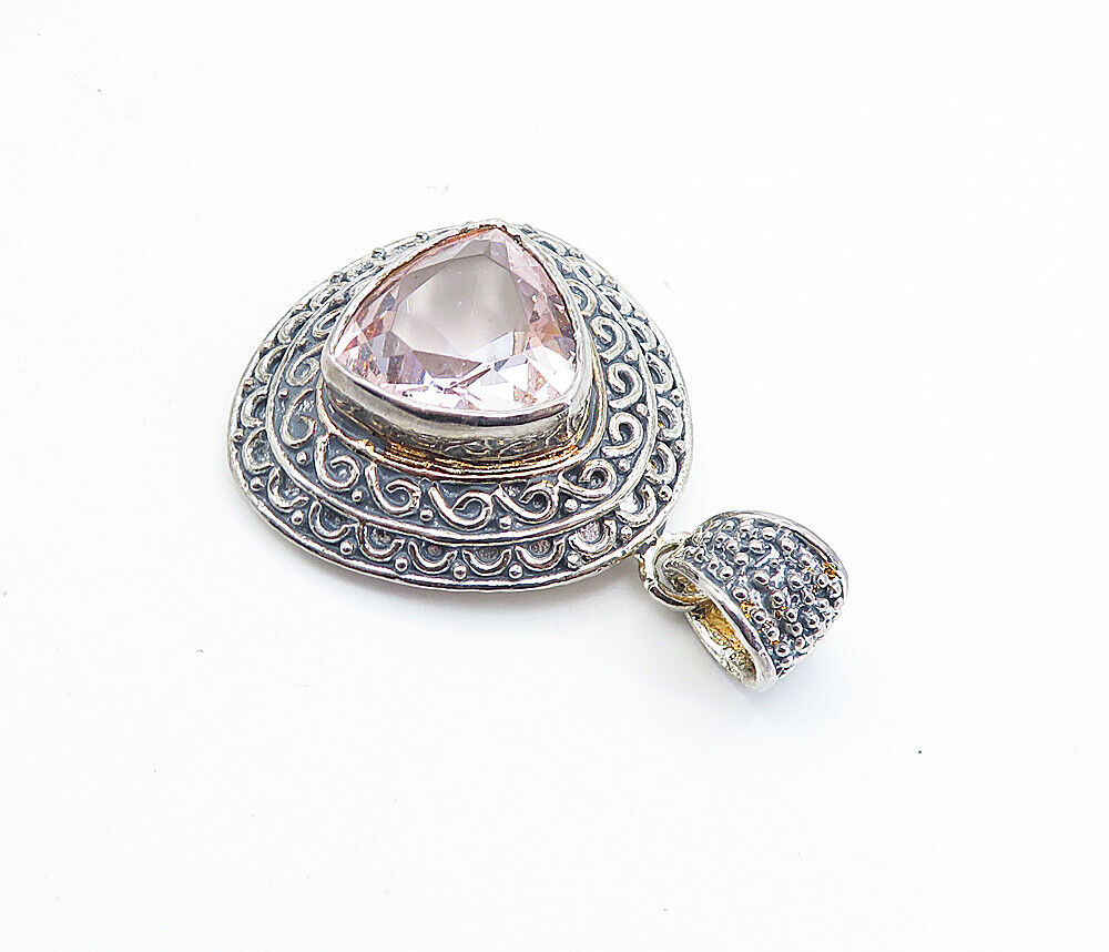 925 Sterling Silver - Vintage Pink Topaz Swirl Border Drop Pendant - PT4852