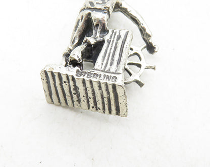 BEAU 925 Sterling Silver  Vintage Petite Man & Ship Wheel Pendant  PT7784
