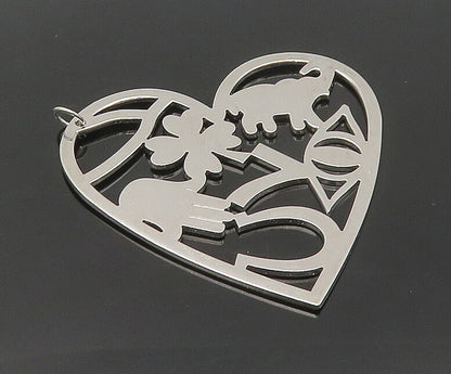 925 Sterling Silver  Vintage Shiny Good Luck Cutout Heart Pendant  PT14407