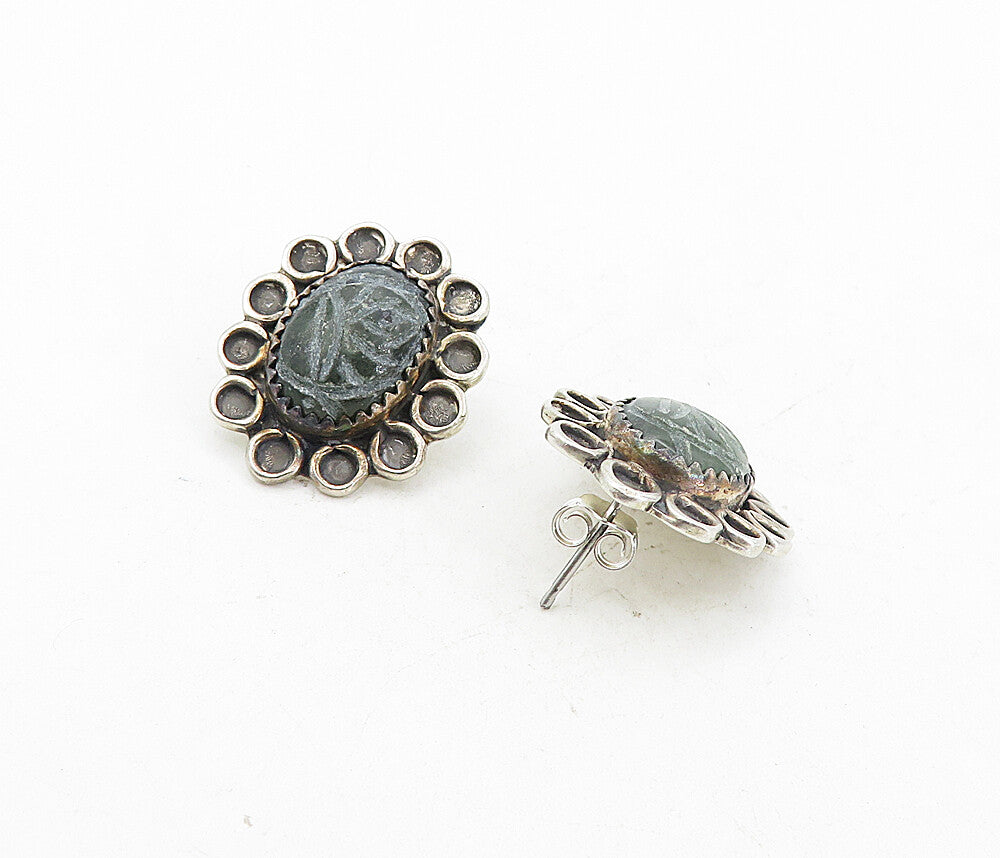 NAVAJO 925 Sterling Silver  Vintage Carved Jasper Floral Drop Earrings  EG4179