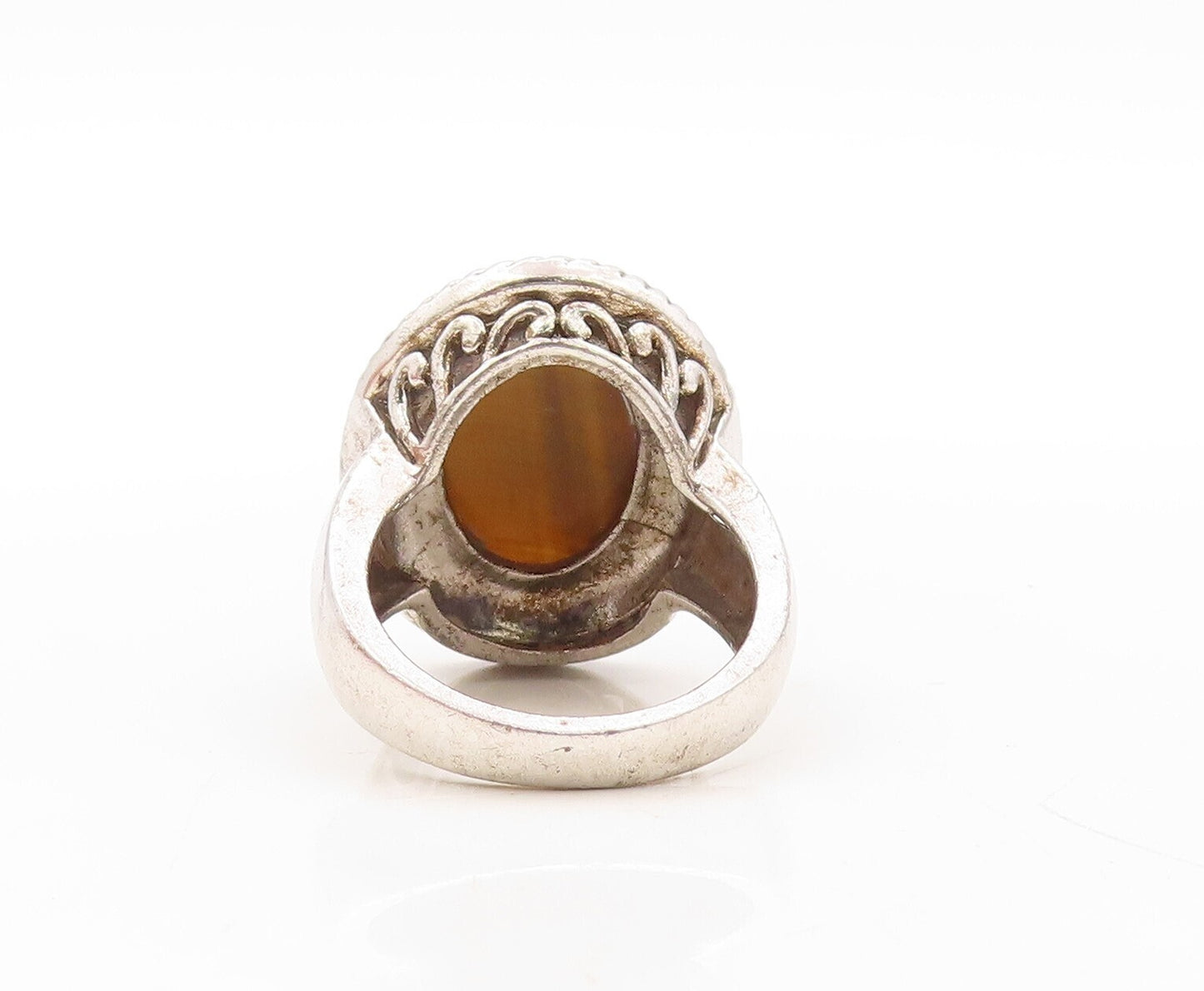 925 Sterling Silver Vintage Ring Tigers Eye Halo Twisted Rope  Sz 7.5  RG31071