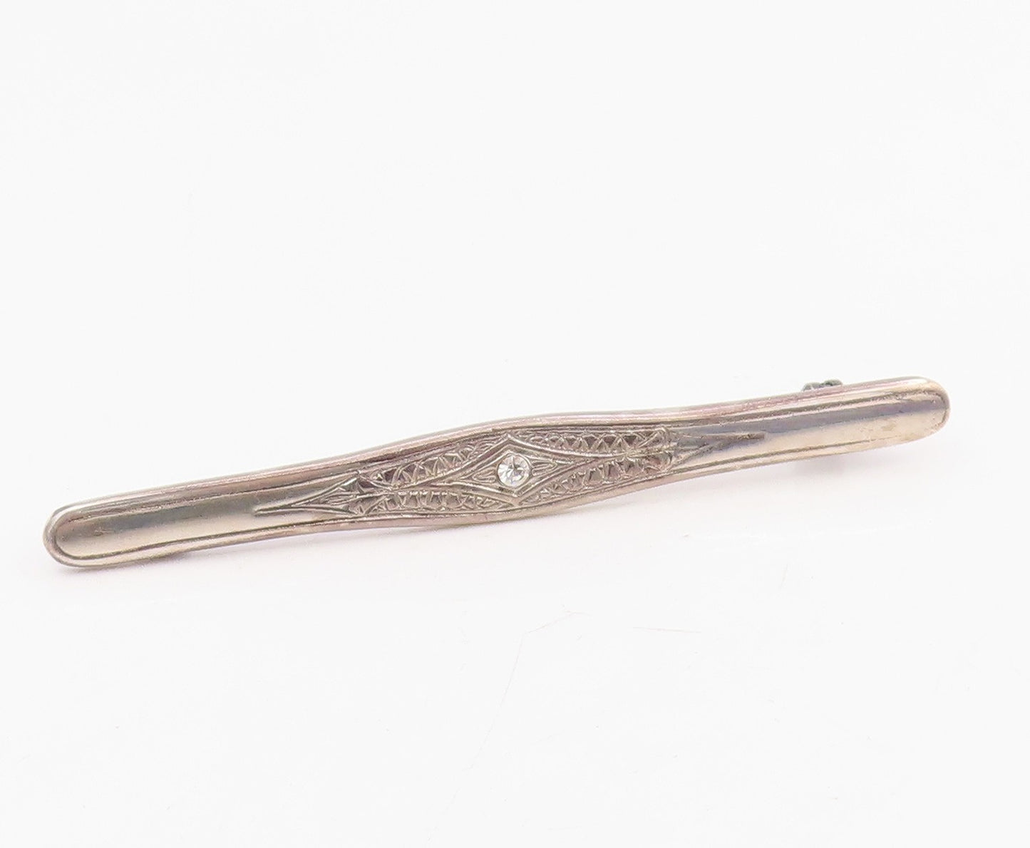 925 Sterling Silver Vintage Brooch Pin Round Cut CZ Etched Floral Bar  BP12201