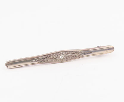 925 Sterling Silver Vintage Brooch Pin Round Cut CZ Etched Floral Bar  BP12201
