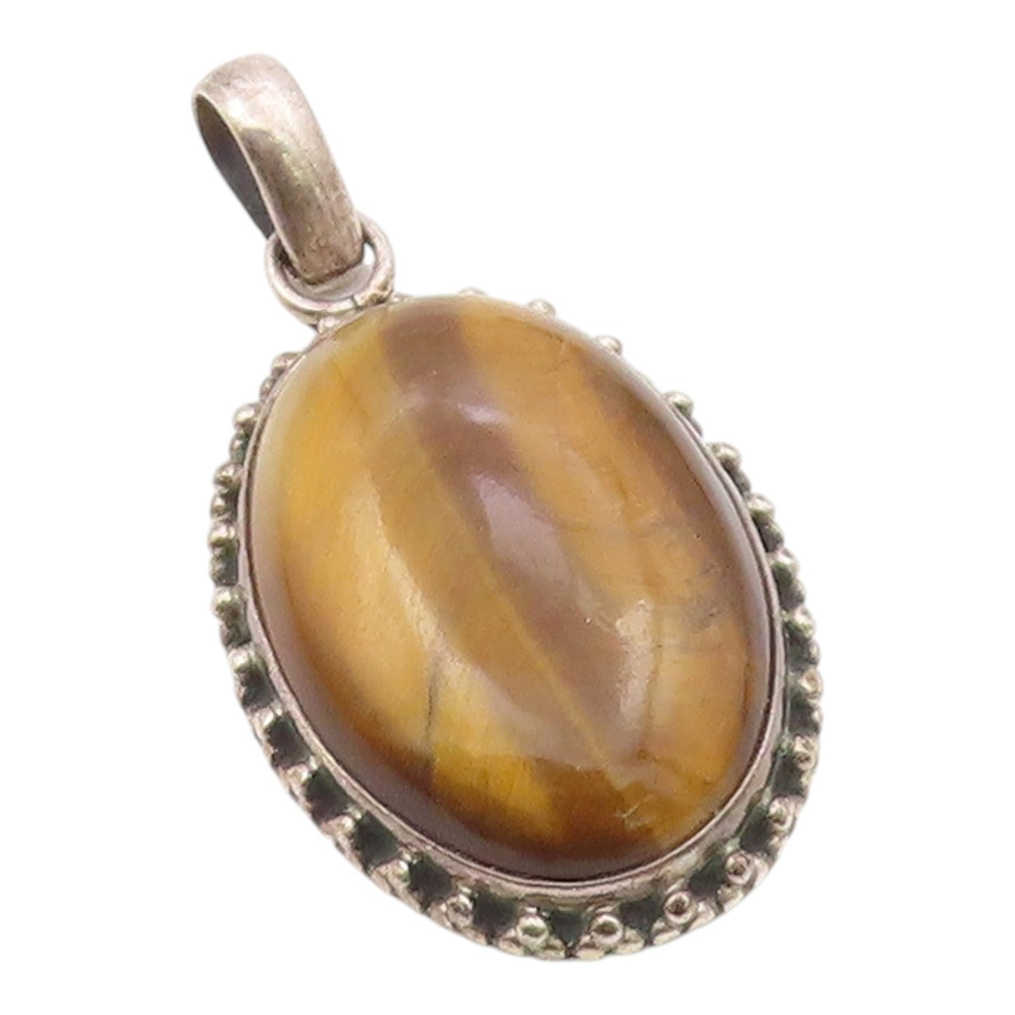 925 Sterling Silver  Vintage Cabochon Cut Tiger's Eye Oval Pendant  PT12175