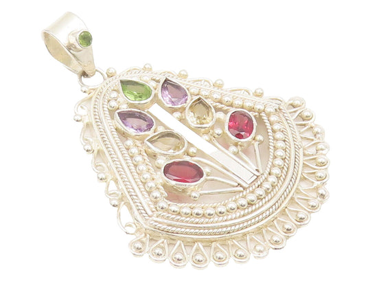925 Silver  Vintage Rainbow Color Topaz Swirly Carved Large Pendant  PT22422