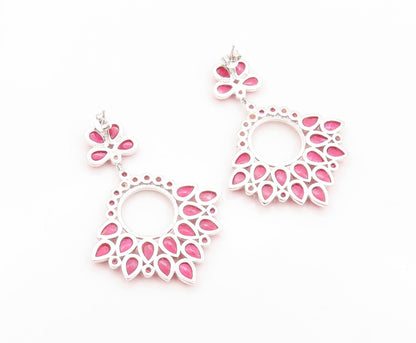 925 Sterling Silver Vintage Earrings Drop Round Cabochon Ruby Chandelier EG13409