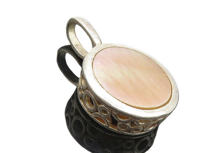 925 Sterling Silver  Vintage Mother Of Pearl Circle Pattern Pendant  PT7298