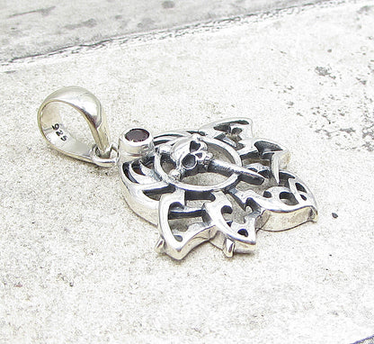 925 Sterling Silver  Vintage Red Garnet Skull Dagger Drop Pendant  PT1417