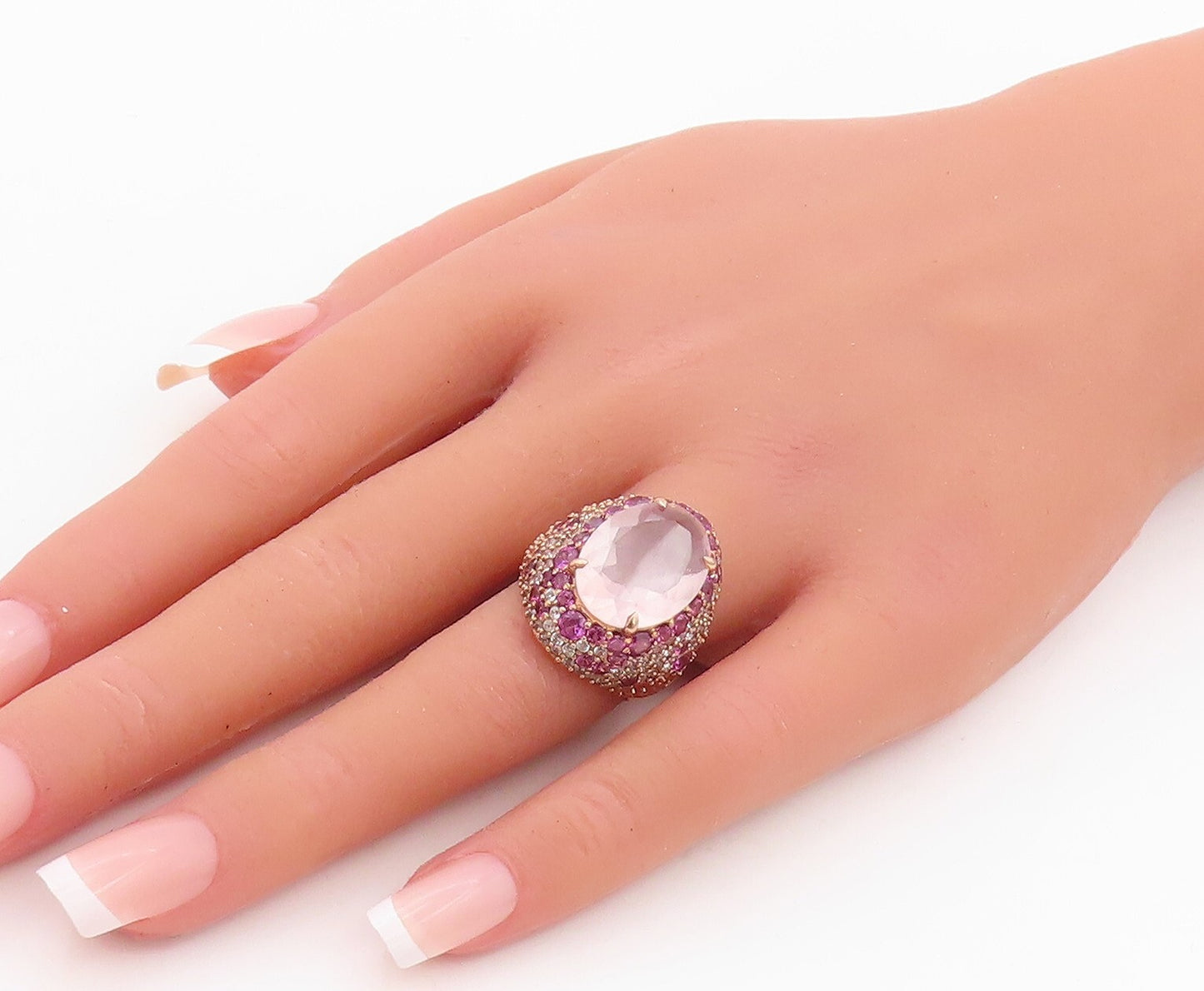925 Sterling Silver Vintage Ring Rose Gold Plated Pink Gemstones Sz 6.5  RG30247