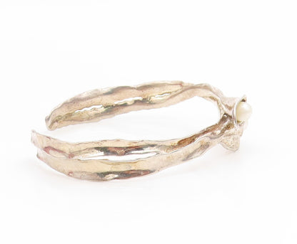 925 Sterling Silver Vintage Bracelet ISRAEL Pearl & Leaf Brutalist Cuff  BT11897