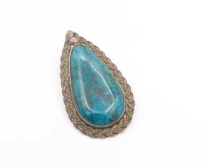 925 Sterling Silver Vintage Brooch Pin ISRAEL Large Cabochon Turquoise  BP12264