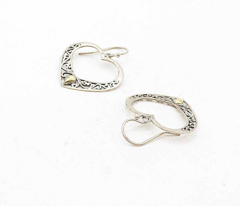 925 Silver & 18K GOLD  Vintage Two Tone Open Love Heart Drop Earrings  EG3865