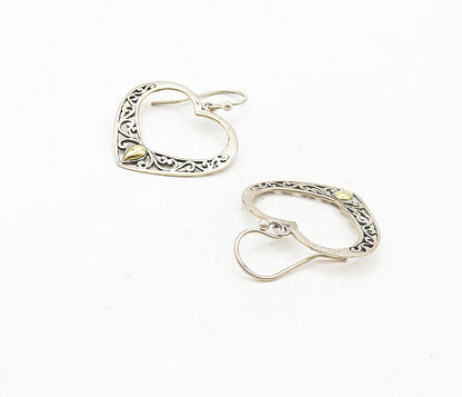 925 Silver & 18K GOLD  Vintage Two Tone Open Love Heart Drop Earrings  EG3865
