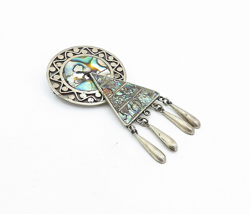 MEXICO 925 Sterling Silver  Vintage Abalone Shell Dangling Brooch Pin  BP1687