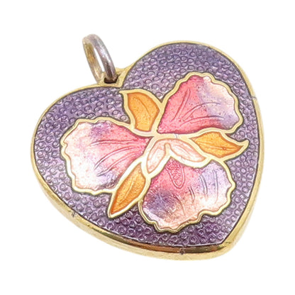 925 Sterling Silver Vintage Pendant Gold Plated Enameled Floral Heart  PT24246