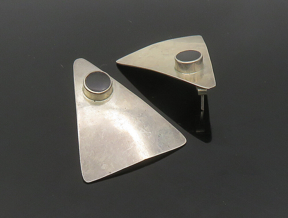925 Sterling Silver  Vintage Shiny Black Onyx Triangle Drop Earrings EG11503