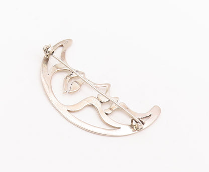 925 Sterling Silver Vintage Brooch Pin  Cutout Carved Half Moon Face  BP10987