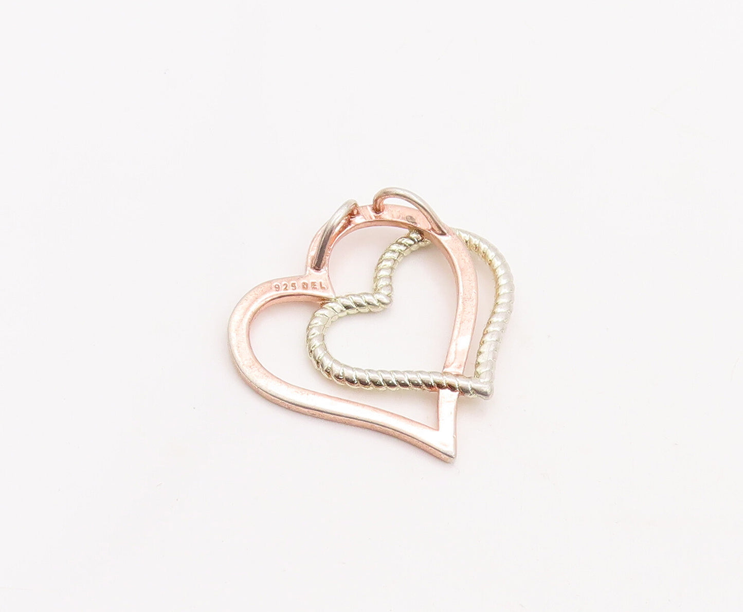 925 Sterling Silver Vintage Pendant Twisted Rope Cutout Double Heart  PT23161