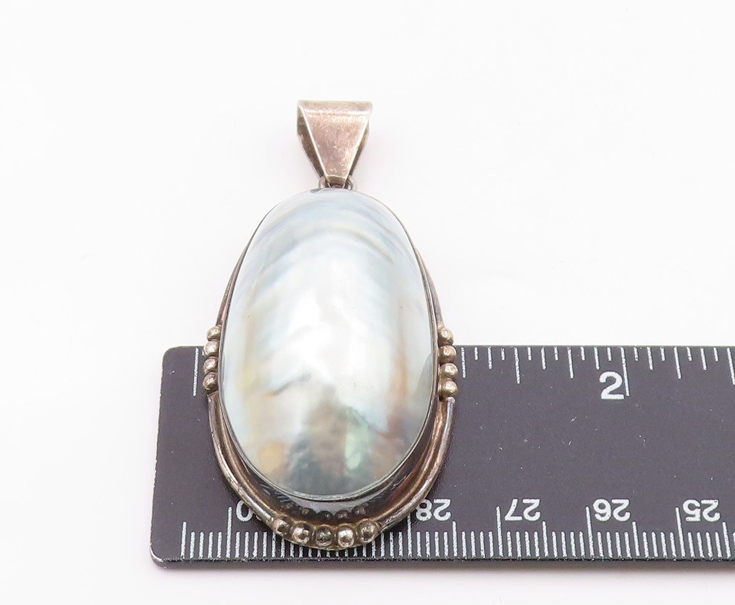925 Sterling Silver  Vintage Blue Mother Of Pearl Oval Dome Pendant  PT19192