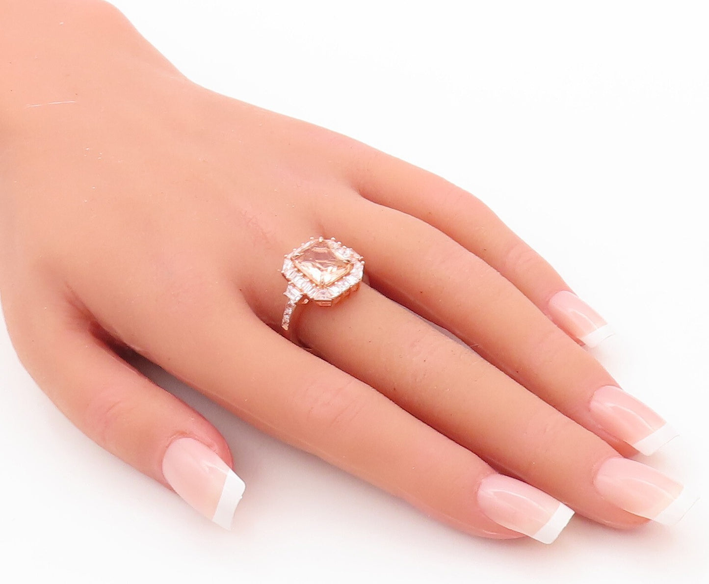 925 Sterling Silver Vintage Ring Rose Gold Plated Morganite & CZ  Sz 7  RG29829