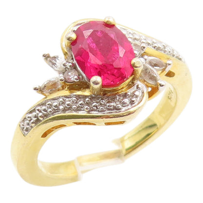 925 Sterling Silver Vintage Ring Gold Plated Ruby & Topaz Band  Sz 8  RG35917