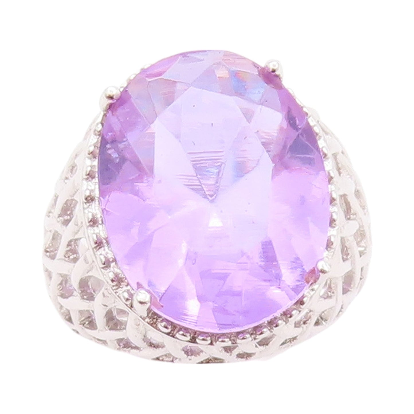 925 Sterling Silver Vintage Ring Cutout Band Oval Purple Gemstone  SZ 7  RG32230